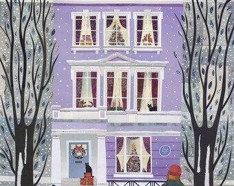 Sylvia Plath Christmas Card, London, Snow, Poet, Primrose Hill, Cats, Naive Art, Collage, Amanda White Design, Writers Houses, Holiday Card