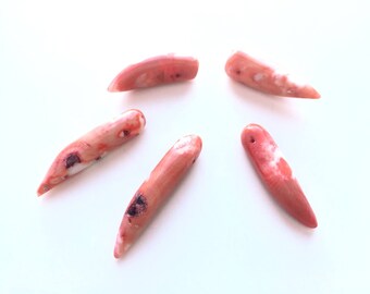 5 pcs Pink Coral Semi Precious Tusk Horn Tooth Pendant Beads with Top Hole - 35mm to 40mm