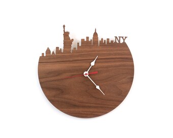 Walnut New York Wall Clock - Statue of Liberty, Empire State Building Clock