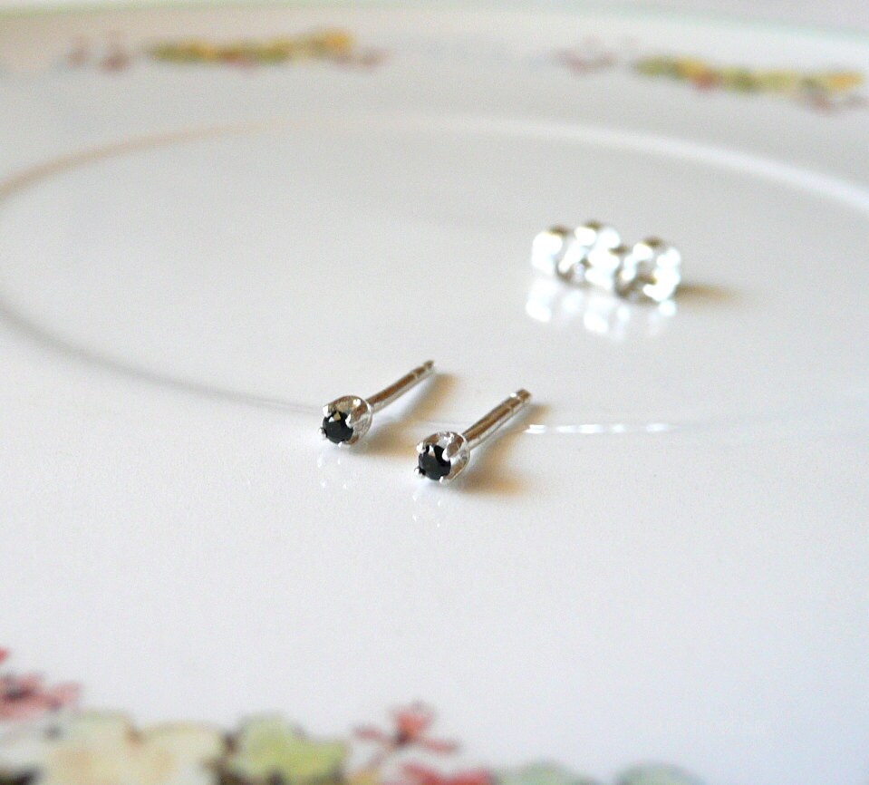1.5mm very tiny stud earrings sterling silver black gem