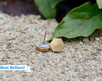 Brass Stud Earrings | Hexagon Earrings | Jewellery | Hypoallergenic Studs | Minimalist Earrings | Titanium Earrings | Gold Earrings | Gift