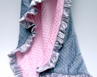 Personalized Blanket, Minky Baby Blanket, Baby Girl Blanket, Embroidered Blanket, Pink Gray Quilt, Silver Pink Blanket, Swaddle Blanket