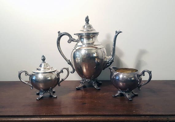 Antique Farmhouse Tea Set Teapot Sugar and Creamer by W M Antique Farmhouse Tea Set Teapot Sugar and Creamer by W M