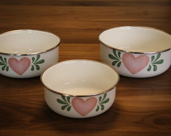 Set of Vintage Metal Enameled Nesting Bowls with Heart Design