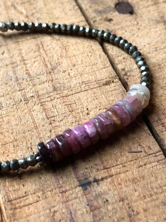 Watermelon Tourmaline Ombré Gemstone Bracelet ~ Polished Watermelon Tourmaline, Faceted Pyrite, Healing Crystal, Heart Chakra Bracelet