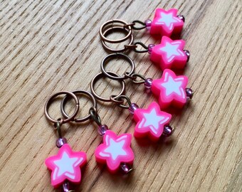 Knitting Stitch Markers Set, Snag Free Stitch Markers, Polymer Clay Stitch Markers, Pink Star Stitch Markers, Knitting Tools, Gift Knitters
