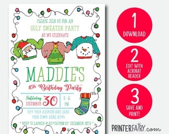 Ugly Sweater Birthday Invitation, Holiday Party Invite, Christmas Party, EDITABLE Invitation, INSTANT DOWNLOAD