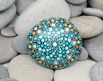 Gold Turquoise Painted Rock - Paint Rock - Mandala Rock - Turquoise - Mandala Art - Hand-Painted Pendant Stone - Chakra - Paperweight