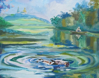 Picture Art Original Oil Painting River Summer Cow Boat Fisherman Landscape