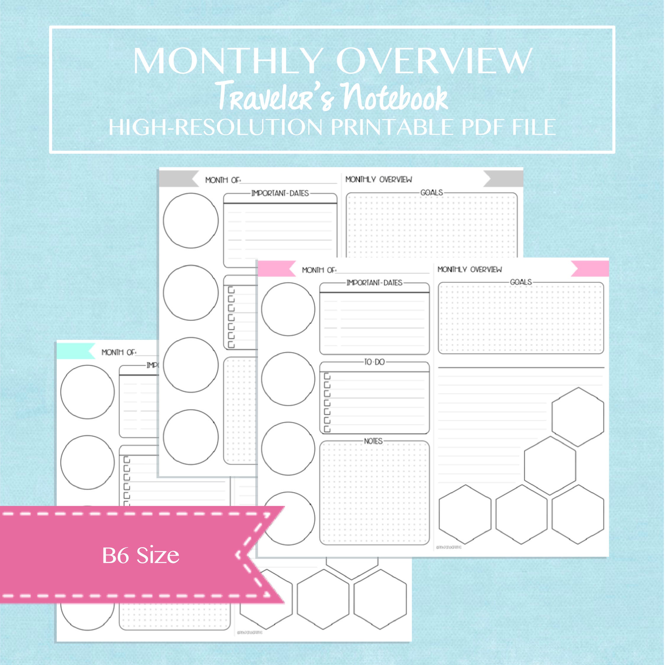 B6 Size Monthly Overview Printable Planner Insert Monthly