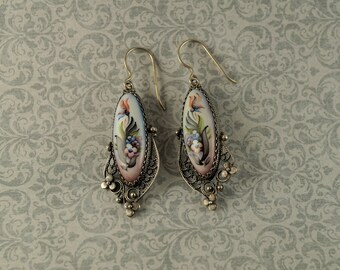 Silver and Porcelain Painted Earrings