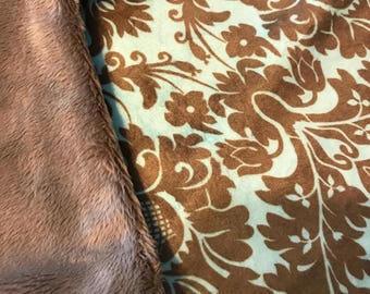 Minky Lovey, Security Blanket Light Blue and Brown Damask Print Minky with Matching Brown Smooth Minky Backing - great for a new baby