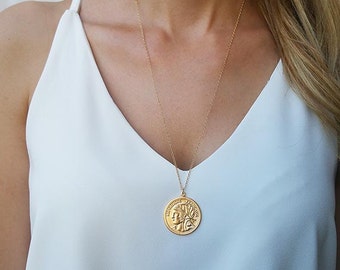 Gold Long necklace, Gold coin necklace, Coin pendant necklace, Layered necklace, Medallion necklace, Everyday necklace, Gold necklace