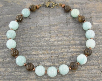 Amazonite Pale Blue Gemstone Bracelet with Bronzite and Copper Accents, 7.5 -10 Inches, Small to Plus Size
