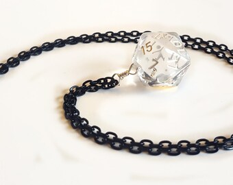 Dice Pendant Necklace - Crystal Clear D20 Twenty Sided Dice Jewelry - Geeky Gamer Jewelry