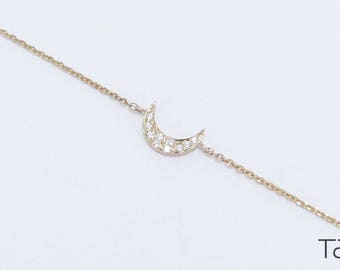 Diamond Moon Bracelet, Gold Bracelet, Chain Diamond Bracelet, Classy Jewelry, Fine Jewelry, Anniverary Gift, White Stones Bracelet