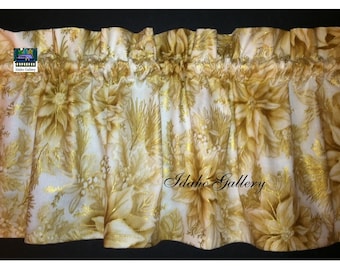 Christmas Curtain Golden Poinsettia Short Curtain Little Curtain Holiday Decor Short Valance Kitchen Curtain Gold and White Free Shipping