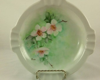 Ashtray, Porcelain Ashtray, Pink Green Floral on White, 8 Slots, Round Shape, Vintage 1980's, Shabby Chic