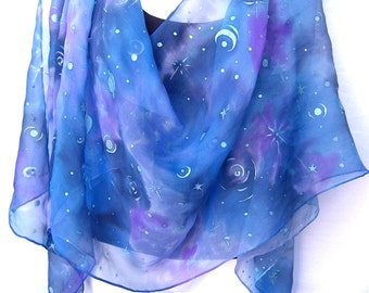 Blue Silk Scarf, Hand Painted Silk Scarf, Nebula, Galaxy, Space Design, Stars, Planets, 71" x 18", Silk Chiffon Scarf
