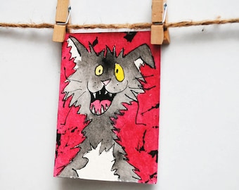 Inktober Original- Artist Trading Card - Funny Cat Art -Cartoon Cat - ACEO Original - Crazy Cat - ATC Card - Cat Watercolor
