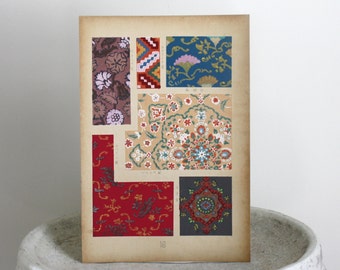 Red Blue Botanical Print Japan c. 1951 10 x 14 3/4 inches
