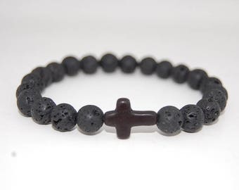 Lava Bracelet,Cross Bracelet,8mm Lava Stone Beads,Black Stone Cross,Volcano Stone,Man,Woman,health,Relieve,Protection,Yoga,Men,Women,Stretch