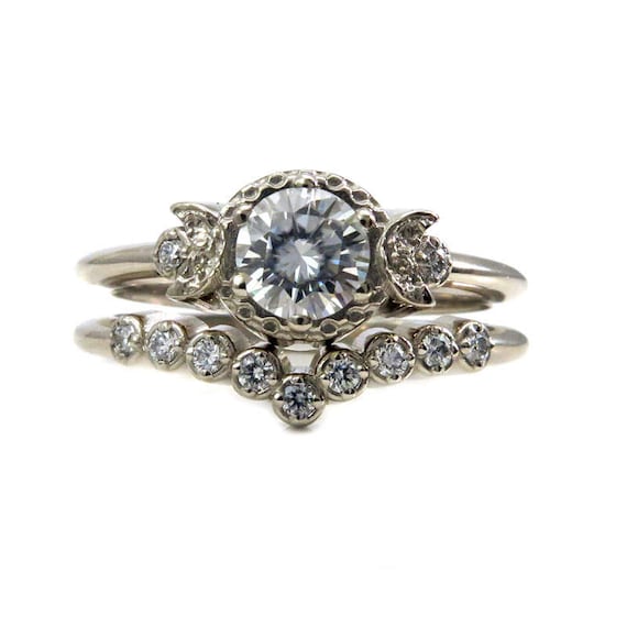 Stargazer Moon and Diamond Engagement Ring Set - Yellow, Rose or White Gold with Diamonds or Moissanite