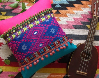 Mexican Pillow Aztec Fuchsia Pink Turquoise - Bohemian Cushion Cover Home Deco