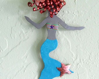 Metal Wall Art Mermaid Sculpture Recycled Metal Art Bathroom Kids Room Beach House Coastal Decor Aqua Turquoise 6 x 9