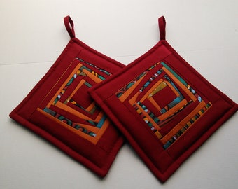 Red Fabric Quilted Pot Holders Quilted Potholders Quilted Pads Patchwork Potholders Gift for Mom Set of 2