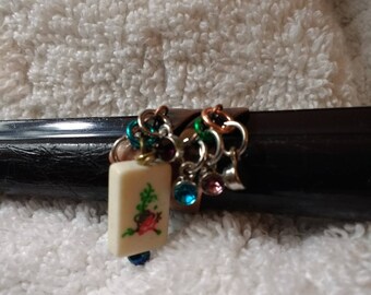 Mahjong ring / Mah jongg jewelry / adjustable size ring / Mahjongg pizazz / rhinestones & glitz / antique brass / Ma jong Flower bead