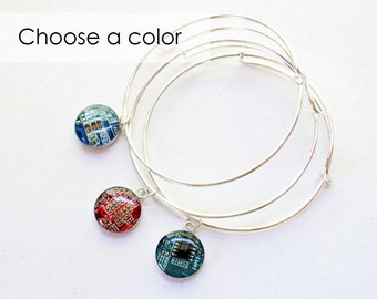 Recycled Circuit Board Expandable Bracelet CHOOSE COLOR, Adjustable Silver Plated Bangle, Geeky Bracelet, Wearable Technology Gift for Her