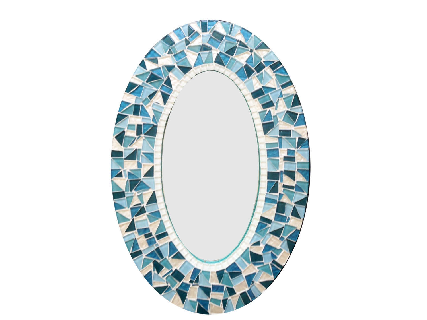 Oval Mosaic Wall Mirror in Teal Turquoise Aqua and White