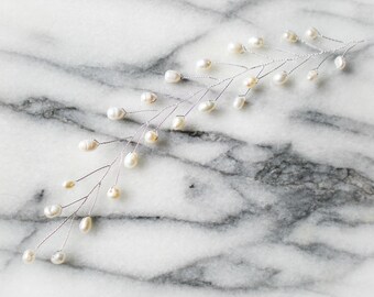 8.5" Silver Willow Branch Hair Jewelry With White Freshwater Pearls, Hair Pin