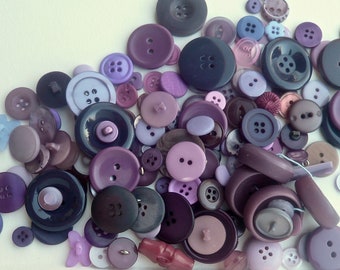 Shades Of Purple Violet Button Lot / 150 Assorted Sizes Shapes / Plastic Sew-Threw Shanked Fabric / Craft Supply / Vintage Sewing