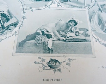 Vintage Antique 1900 French risque adorable women with cat disguise /recto/verso photography /Belle epoque magazine page