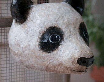 paper mache, panda, head wall mount, home decor, animal head, wall hanging