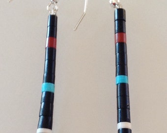 Native American Santo Domingo Turquoise Jet Pipestone Shell Sterling Earrings - Delbert Crespin