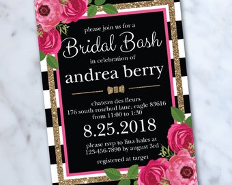 Bridal Shower Invitation - Kate Inspired Shower - Black and White - Stripes - Floral Invite - Digital File - Spade Shower - Custom