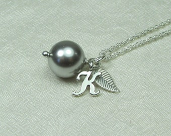 Bridesmaid Gift Set of 3 Bridesmaid Jewelry Pearl Leaf Initial Necklace Rustic Bridesmaid Necklace Fall Wedding Jewelry Personalized Gifts