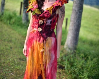 Melted Felted Autumn Gown-Fairy Autumn Cloak-Felt Leaf Costume-Pixie Vest-Woodland Costume-Felt Leaf Vest-Gown-Vest-Fantasy Costume OOAK