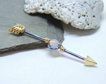 Industrial Barbell 1 1/2" RAINBOW Anodized with Gold Arrow Ends - 14 Gauge Double Ear Piercing With Gemstone Wire Wrap and Gold Arrow Ends