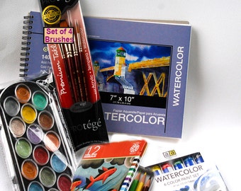 Painting Kit, pearlescent, watercolor paints, paper, watercolor pencils, paint brushes, Christmas gift, holiday gift