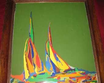 OIL PAINTING SAILBOATS-Bright Colors-Antique Frame 26" X 30"