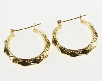 14K Ornate Patterned Squared Design Boho Hoop Earrings Yellow Gold