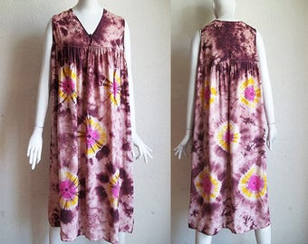 Vintage 90s Hippie Grunge Tie Dye Cotton Tent Dress M B42