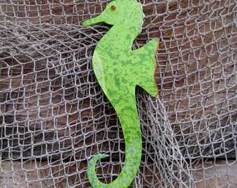 Seahorse Metal Wall Art Sculpture Lime Green Recycled Metal Indoor Outdoor Marine Beach House Coastal Bathroom Art 5 x 12