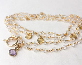 Crystal Quartz Necklace Beaded Necklace Rosary Necklace Wire Wrapped Necklace Crystal Gemstone Necklace Boho Jewelry Long Gemstone Necklace