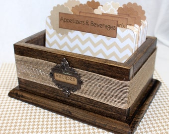 RECIPE BOX / Recipe Box with Dividers / Recipe Cards / Neutral Recipe Dividers / Tan Chevron Dividers / Rustic Recipe Box / Foodie Gift