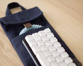 Midnight Blue | 40% Mechanical Keyboard Sleeve or Carry Case | Water Resistant Lightly Waxed Canvas and Leather | Made to Order